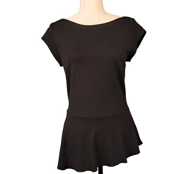 Carmen Marc Valvo Tops - CARMEN MARC VALVO‎ M Black Asymmetric Layered Peplum Top Short Sleeve Boat Neck